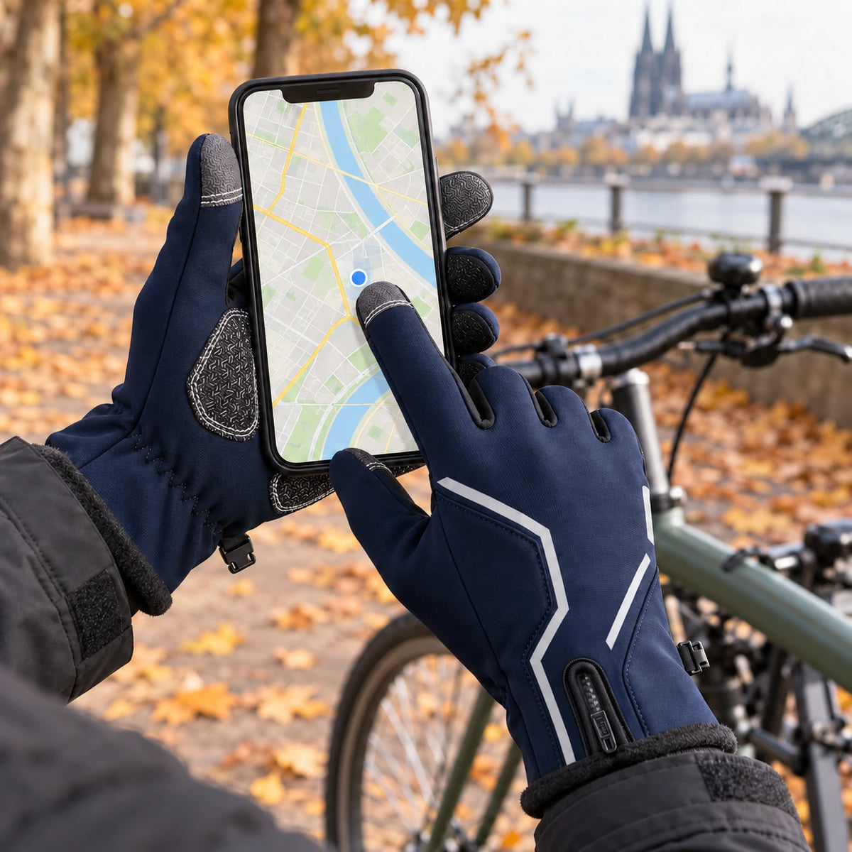 Mit Vilico-Handschuhen wird im Stand eine Karte auf dem Smartphone bedient; Innenhand-Griffflächen und Touch-Fingerspitzen sind sichtbar.