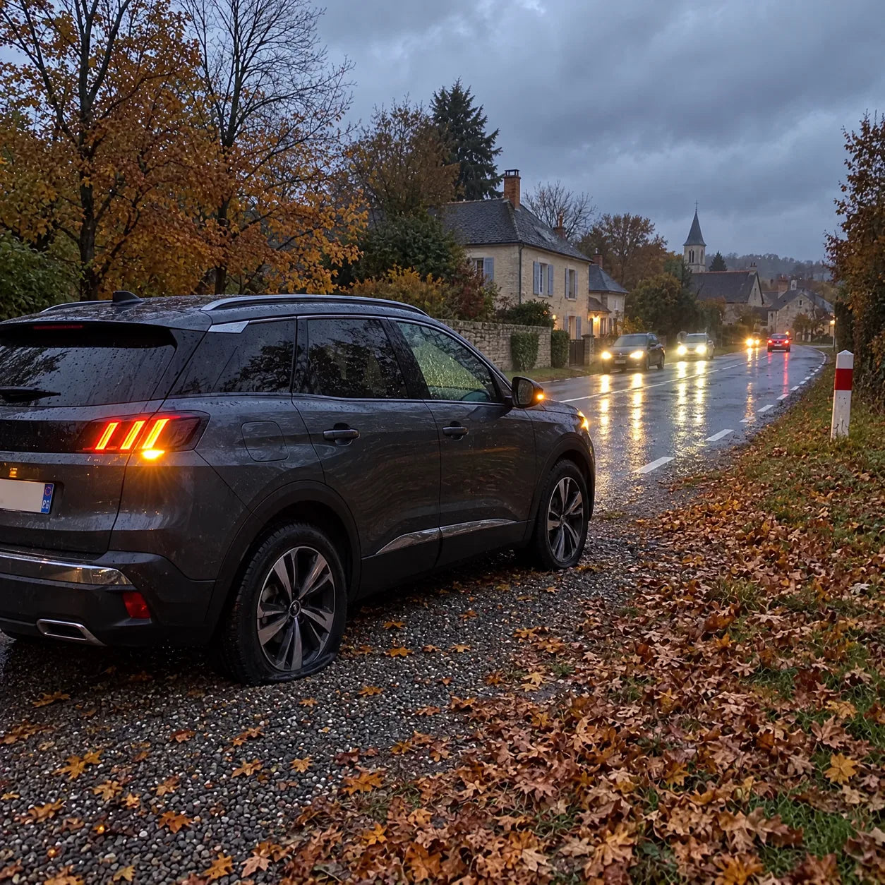 SUV avec un pneu arrière dégonflé, garé sur le bas-côté à la tombée de la nuit
