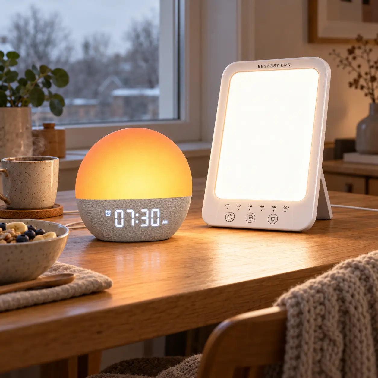 Lichtwecker und NordiLight Tageslichtlampe gemeinsam am Frühstückstisch