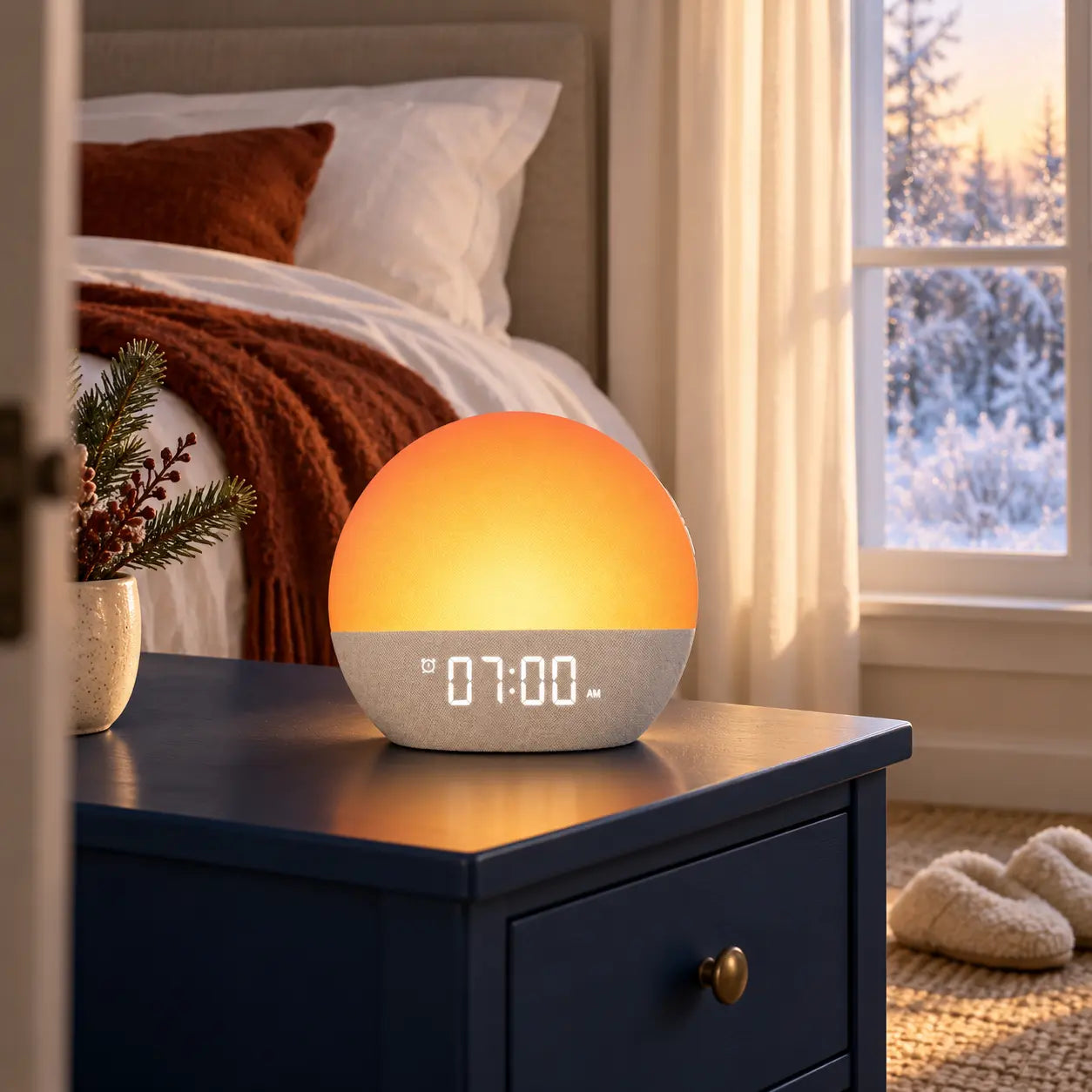 Lichtwecker in einem gemütlichen Schlafzimmer an einem Wintermorgen
