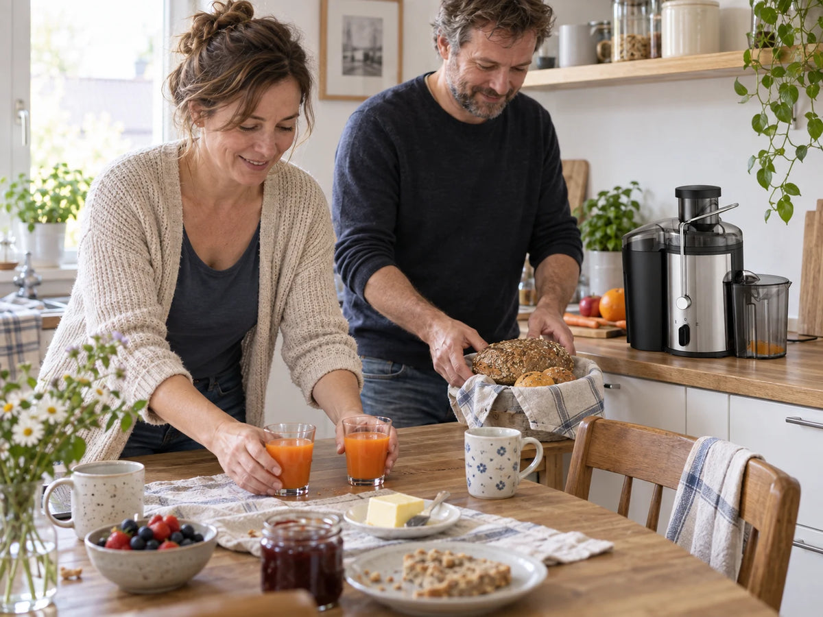 Paar stellt zwei kleine Gläser Saft auf den Frühstückstisch; Entsafter auf der Arbeitsplatte
