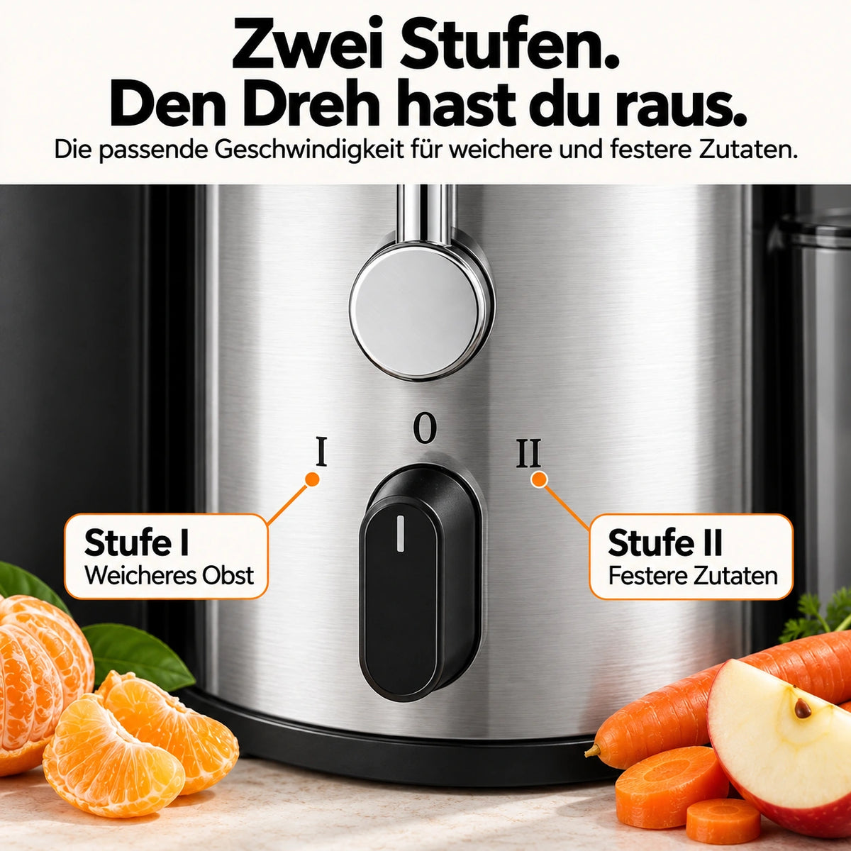 Zwei Stufen. Den Dreh hast du raus. Die passende Geschwindigkeit für weichere und festere Zutaten.