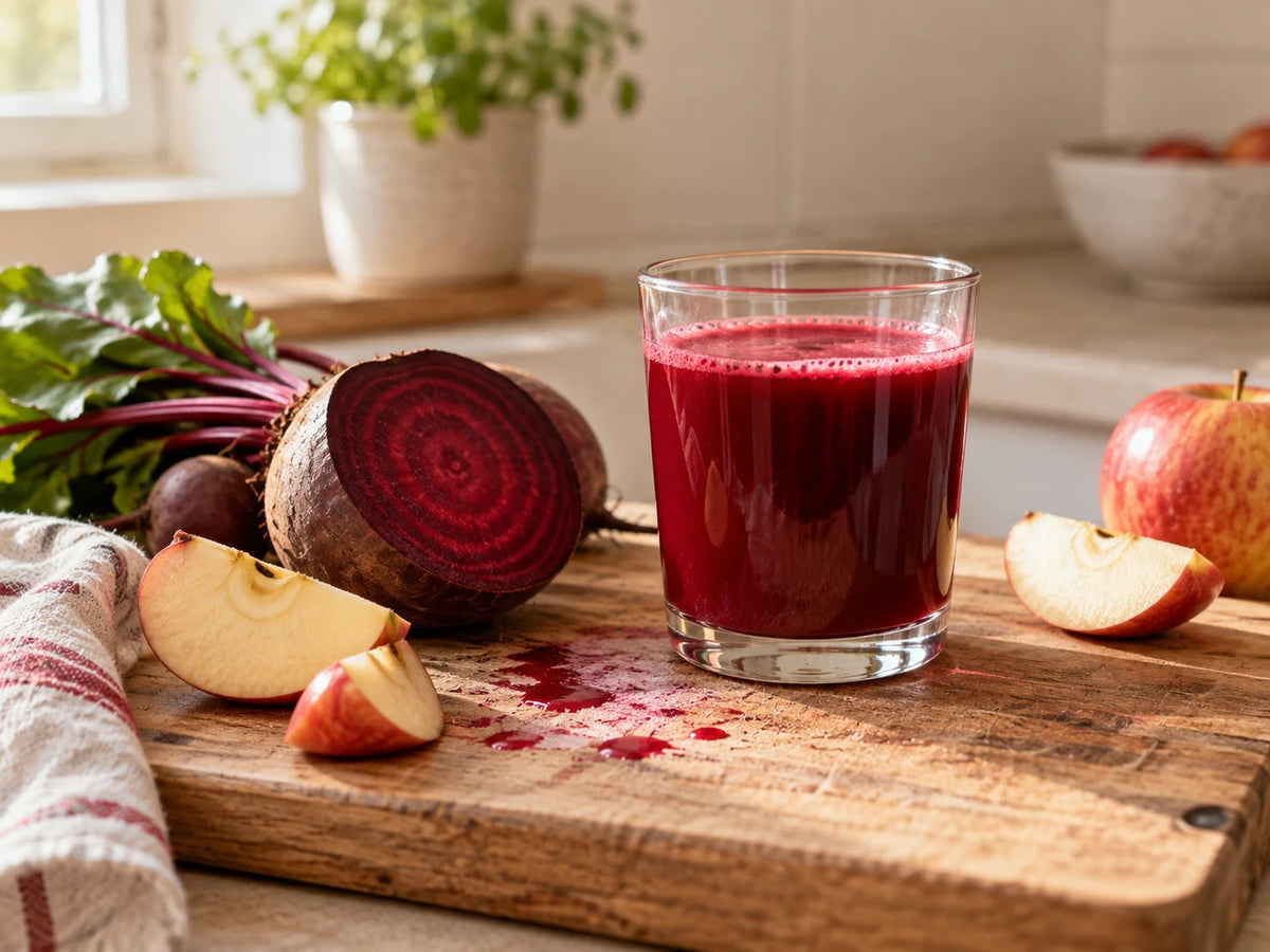 Roter Saft mit Roter Bete und Apfelstücken