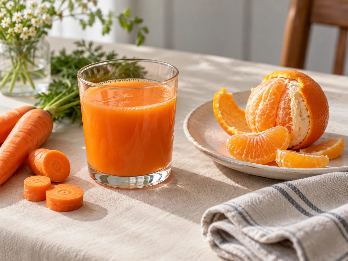 Orange-Karotten-Saft neben geschälter Orange