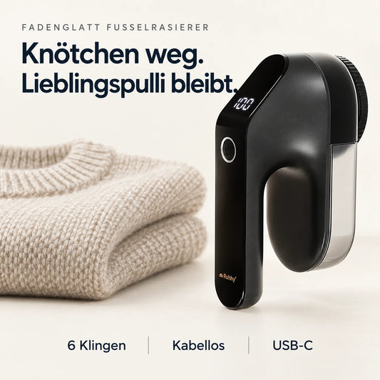 Schwarzer Fusselrasierer neben gefaltetem Strick: Knötchen weg, Lieblingspulli bleibt.