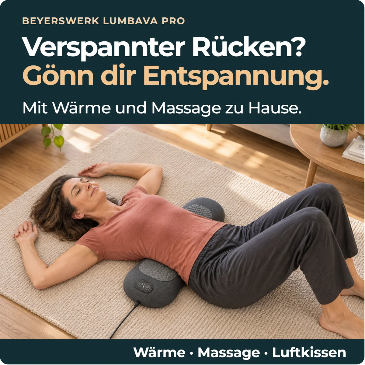 Frau liegt mittig auf dem quer untergelegten Lumbava Pro. Wärme, Massage, Luftkissen.