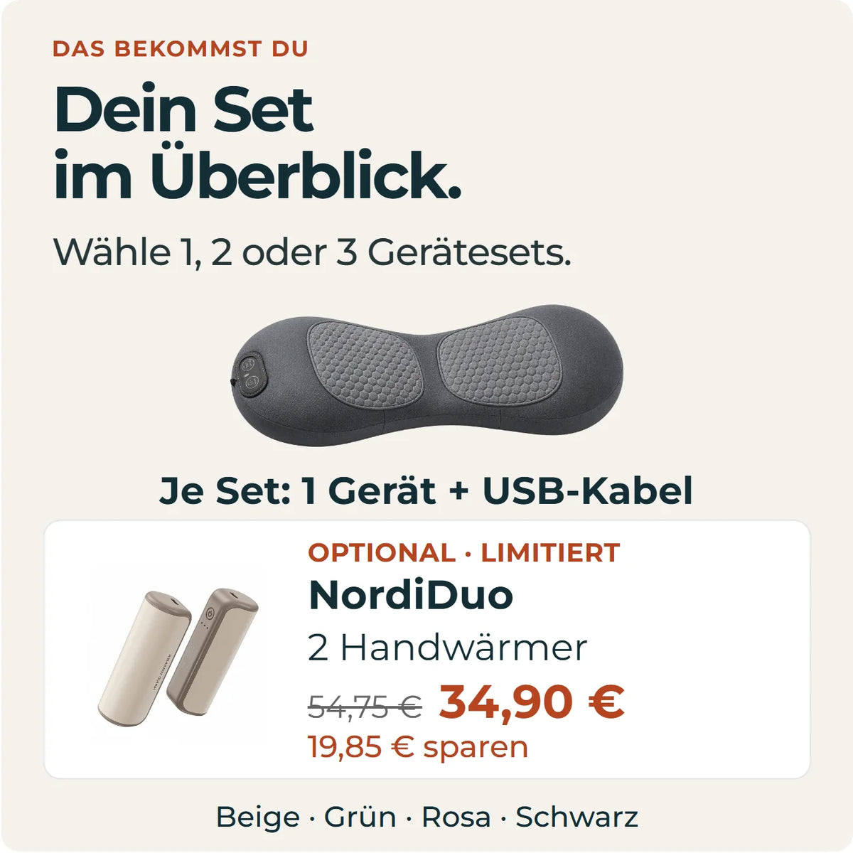 Je Set ein Gerät mit USB-Kabel, optional NordiDuo für 34,90 statt 54,75 Euro.