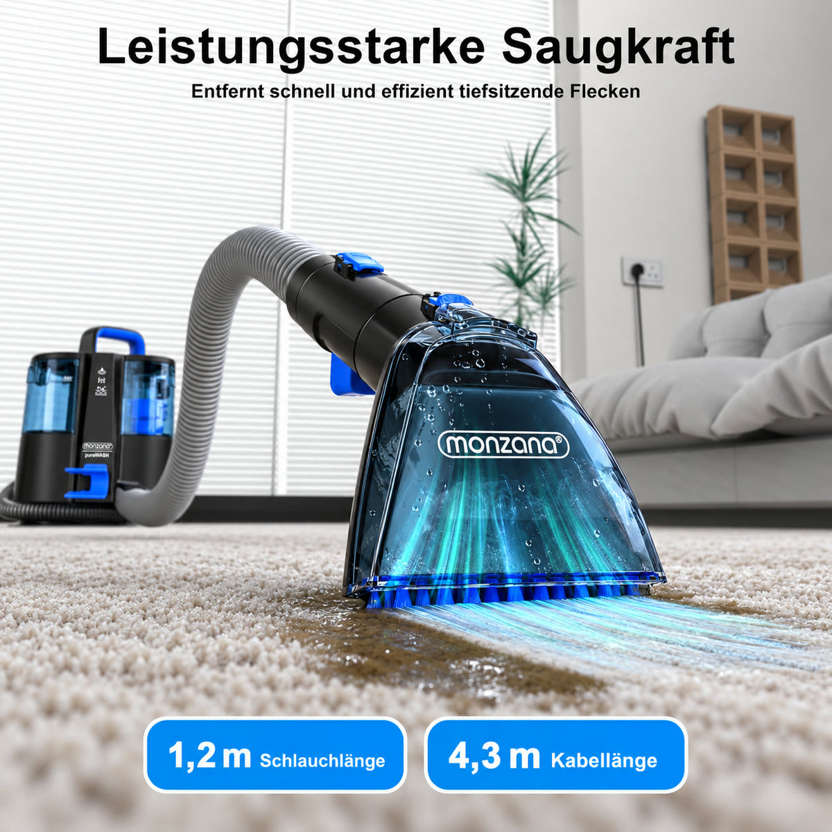 10 kPa Saugkraft, 1,2 m Schlauch und 4,3 m Kabel