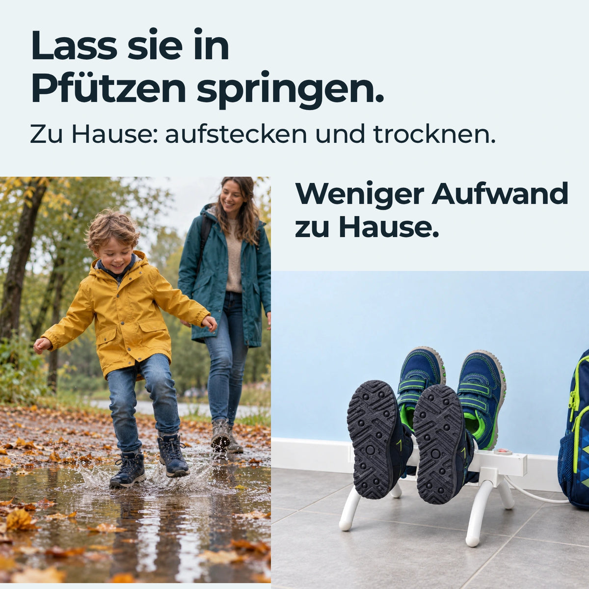 Kinder-Textilschuhe auf NordiDry; daneben ein Kind beim Pfützenspringen