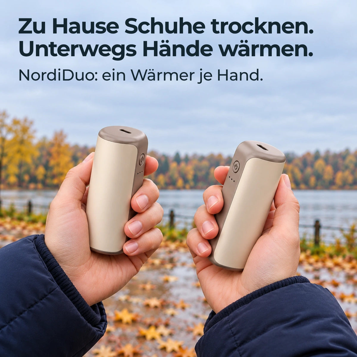 Zu Hause Schuhe trocknen. Unterwegs Hände wärmen. NordiDuo: ein Wärmer je Hand.