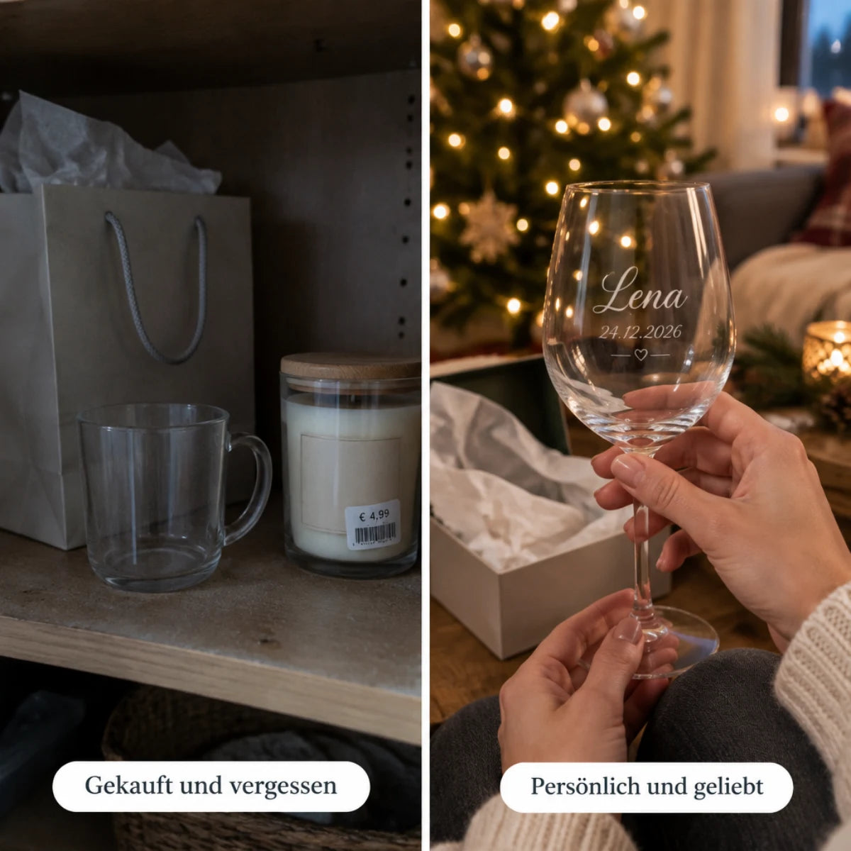 Links ein vergessenes Geschenk im Schrank, rechts ein graviertes Weinglas mit Namen und Datum unterm Weihnachtsbaum
