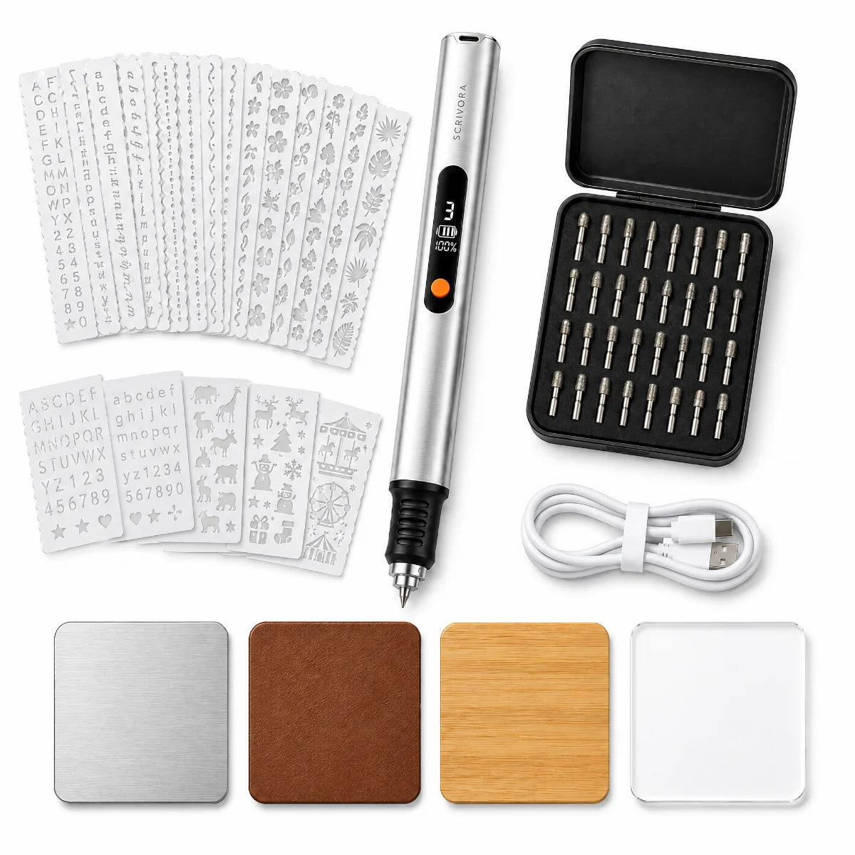 Scrivora Komplett-Set: Gravierstift, 30 Bits, 21 Schablonen, 4 Übungsplatten und USB-C-Kabel