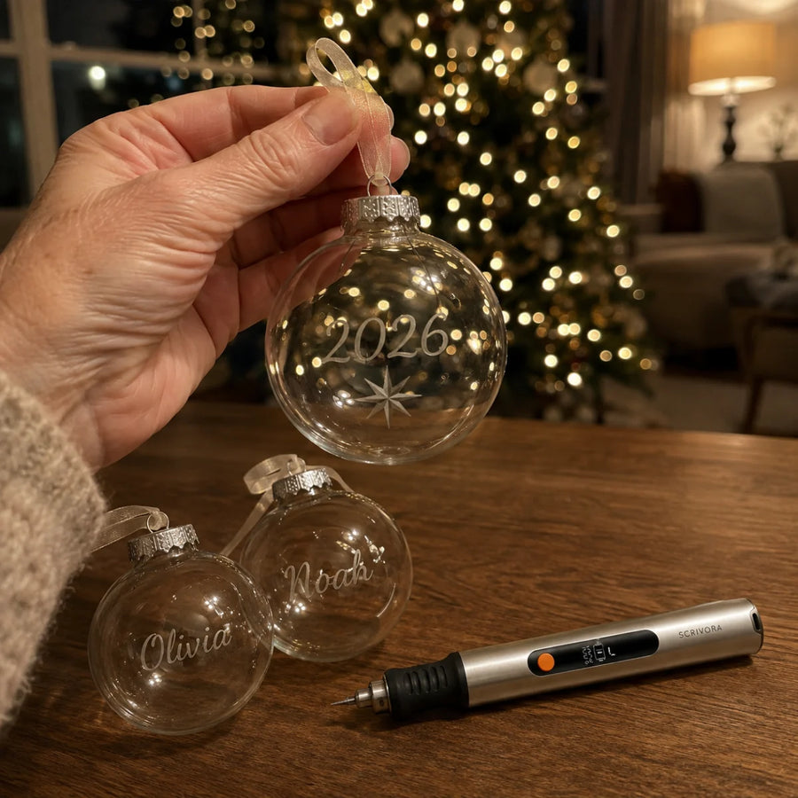 Christbaumkugel aus Glas mit gravierter Jahreszahl