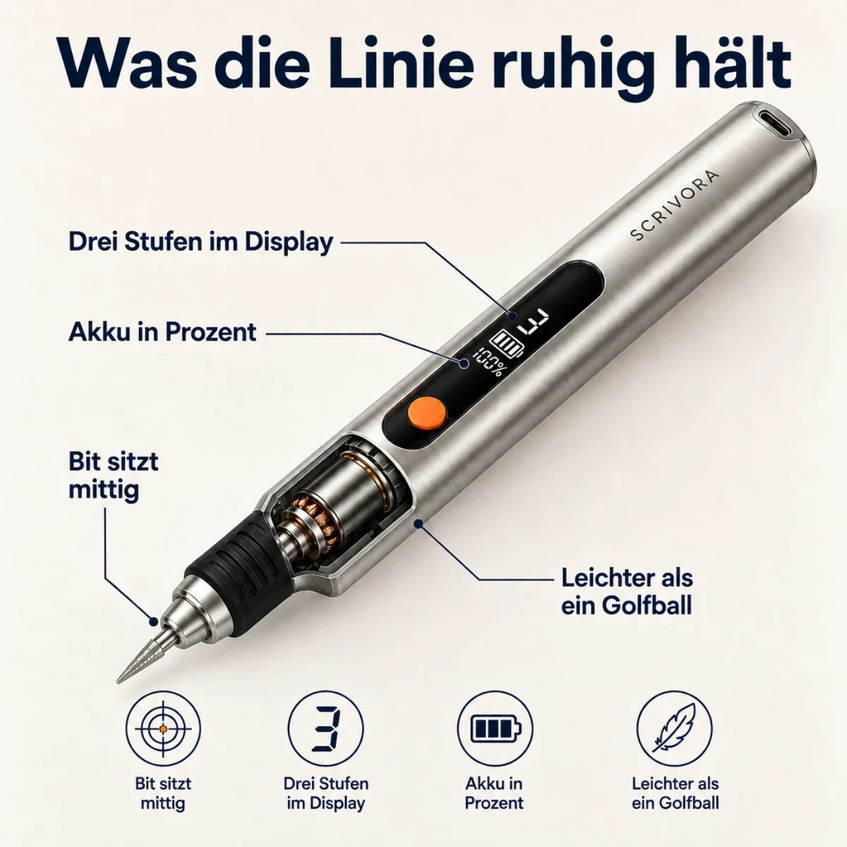 Was die Linie ruhig hält: Bit mittig, drei Stufen, Akku in Prozent