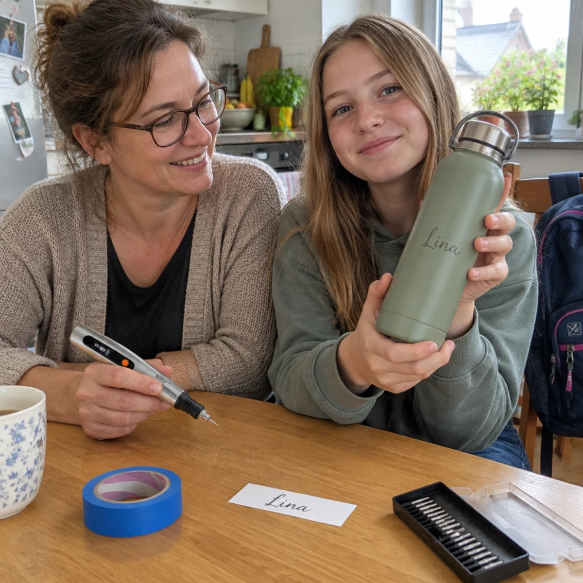 Mutter und Tochter mit gravierter Trinkflasche „Lina“ am Küchentisch