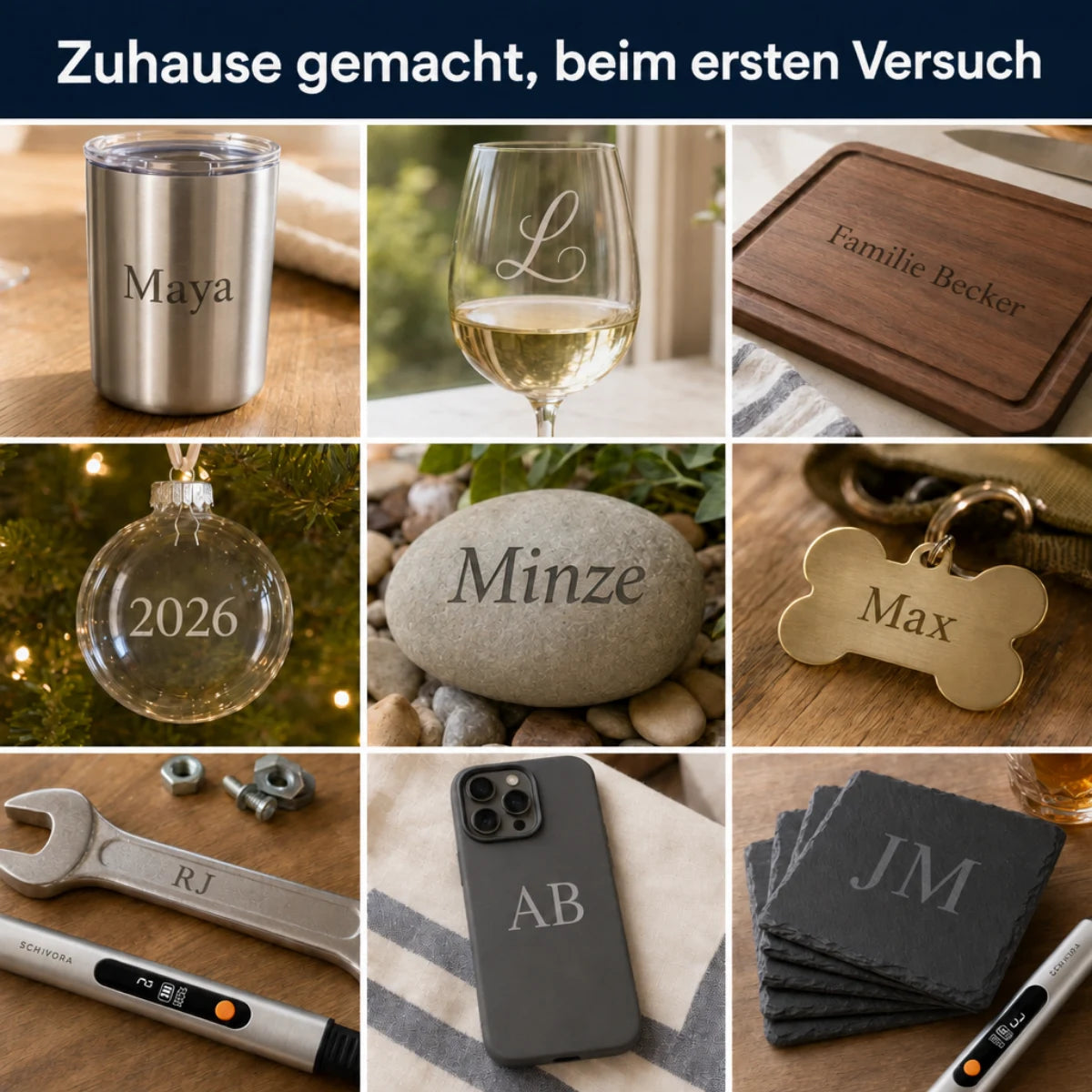 Zuhause gemacht: gravierte Becher, Gläser, Bretter, Steine und Anhänger