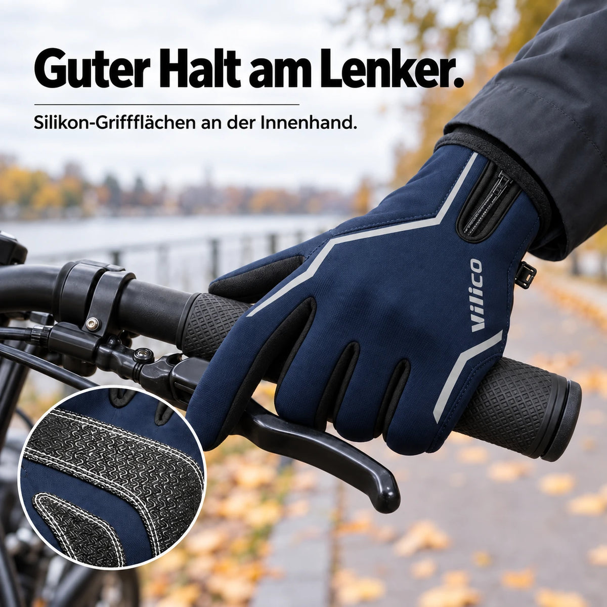 Vilico-Handschuhe am Fahrradlenker und Detail der Silikon-Innenhand