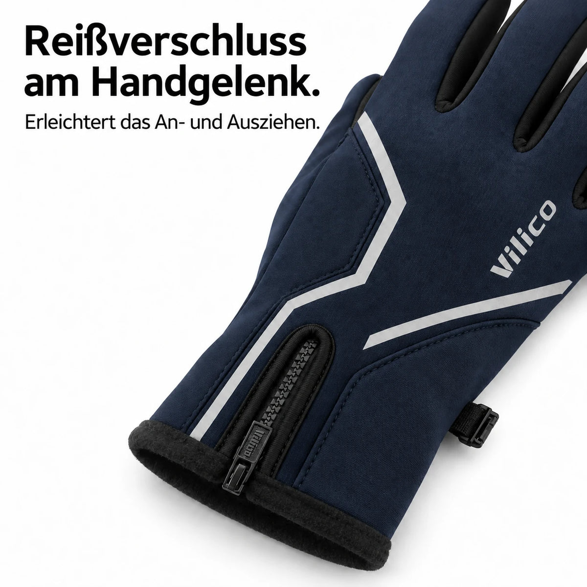 Kurzer Reißverschluss am Handgelenk des navyfarbenen Vilico-Handschuhs