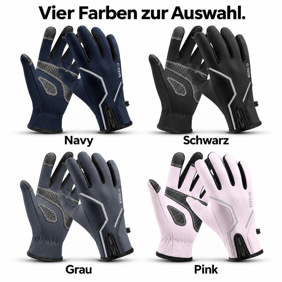 Alle vier Vilico-Farben: Navy, Schwarz, Grau und Pink.