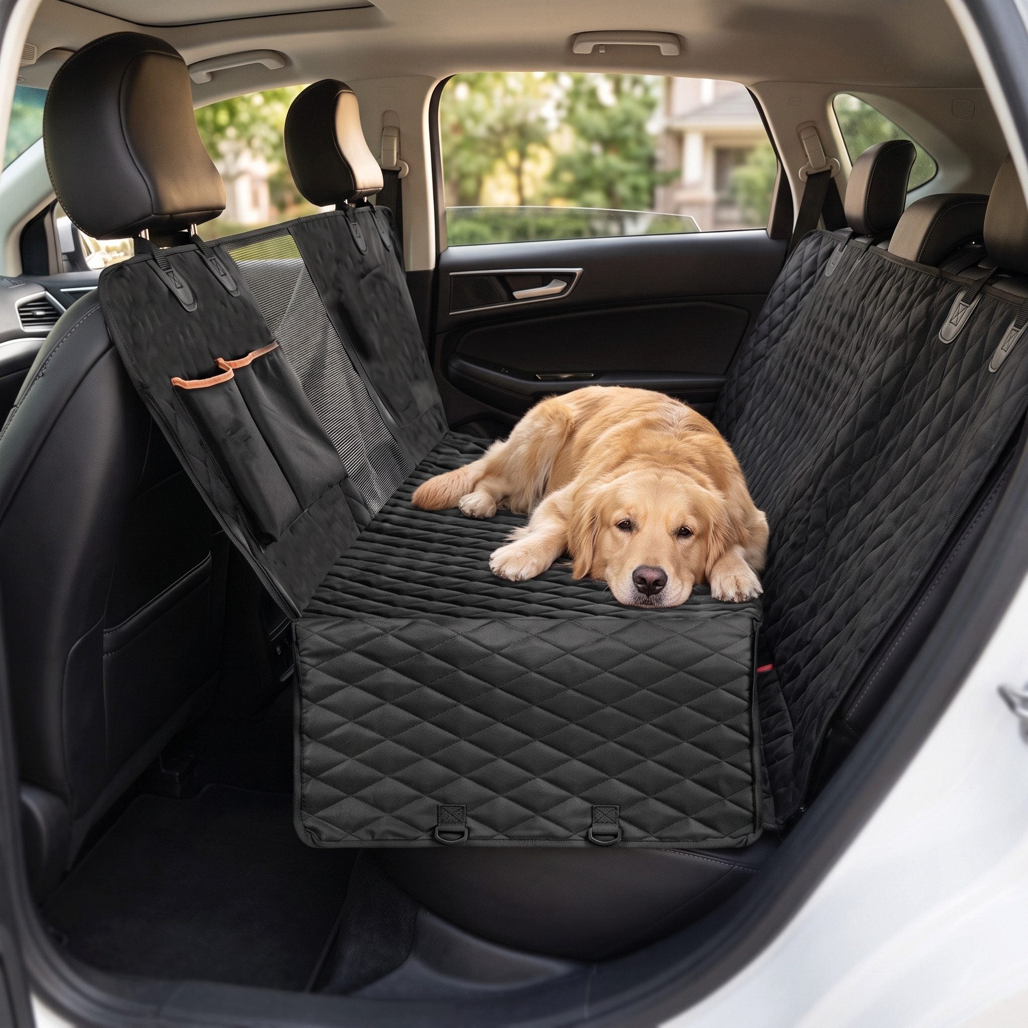 Mitgelieferte Produktaufnahme: ein Golden Retriever liegt im Auto auf der schwarzen Hundematte
