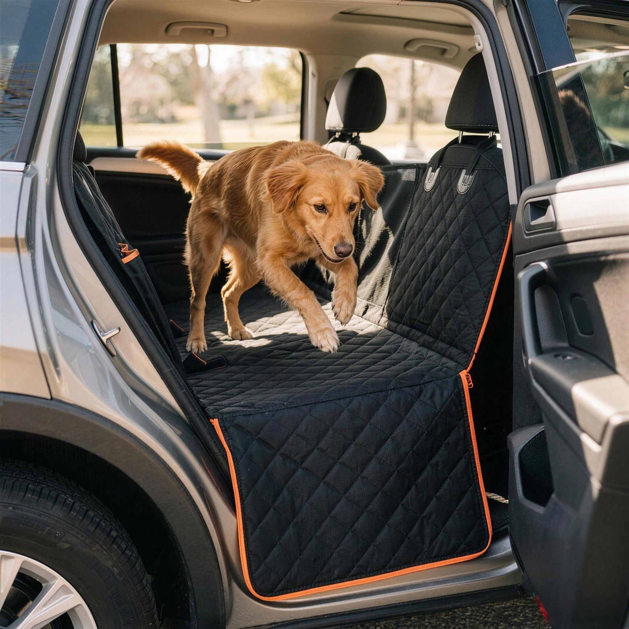 Mitgelieferte Produktaufnahme: Hund steigt über das heruntergeklappte Seitenteil auf die Matte