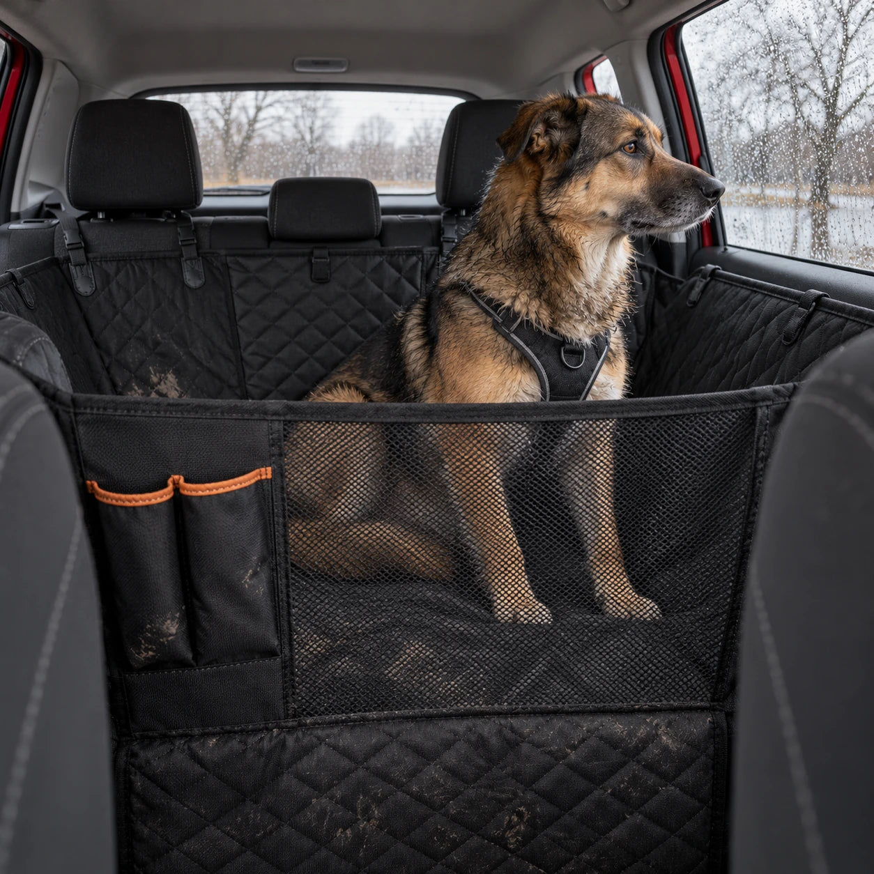 Blick von vorn nach hinten: Hund im geparkten roten Auto, Regentropfen am Fenster und leicht verschmutzte Matte