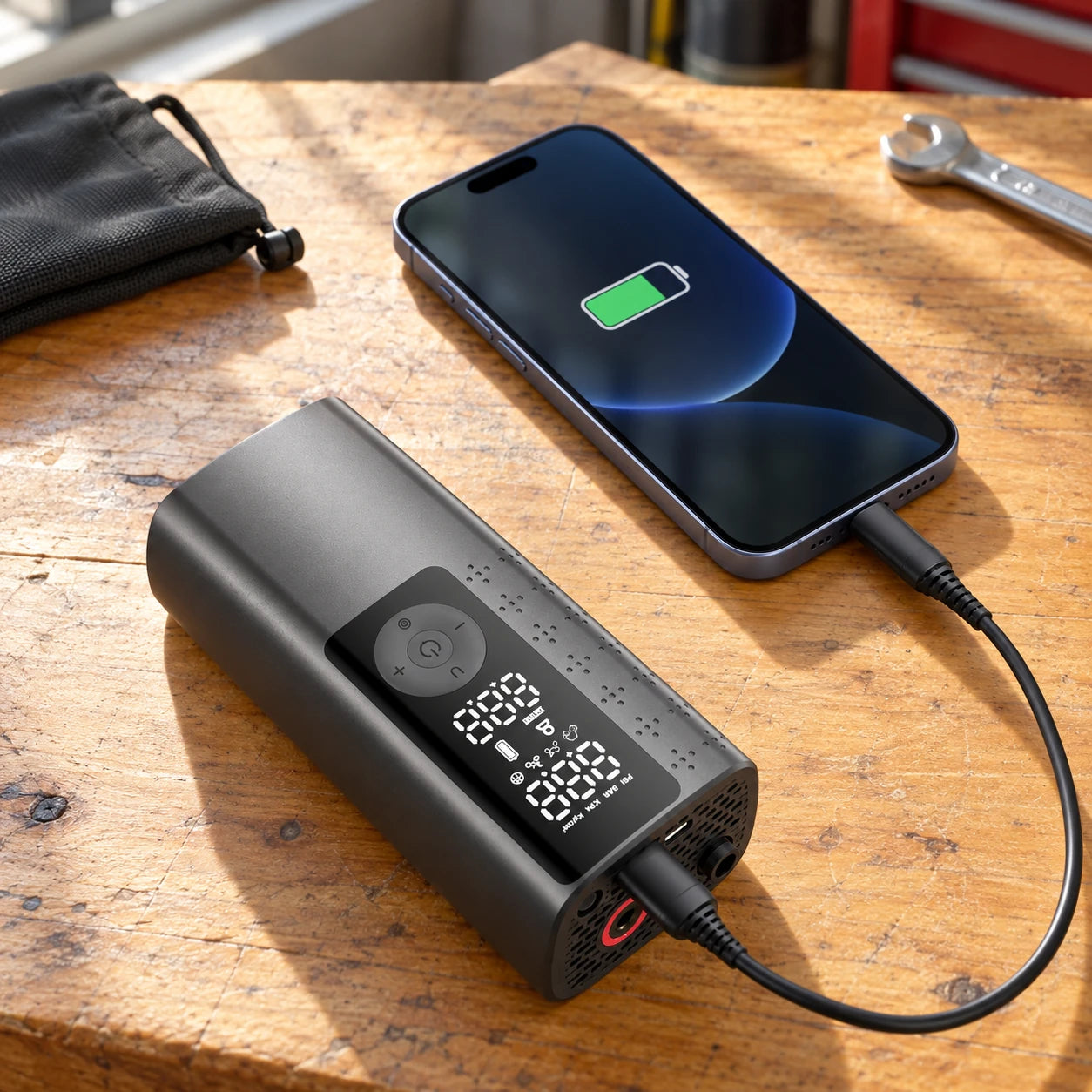 Un téléphone branché sur la sortie USB d’AirRove