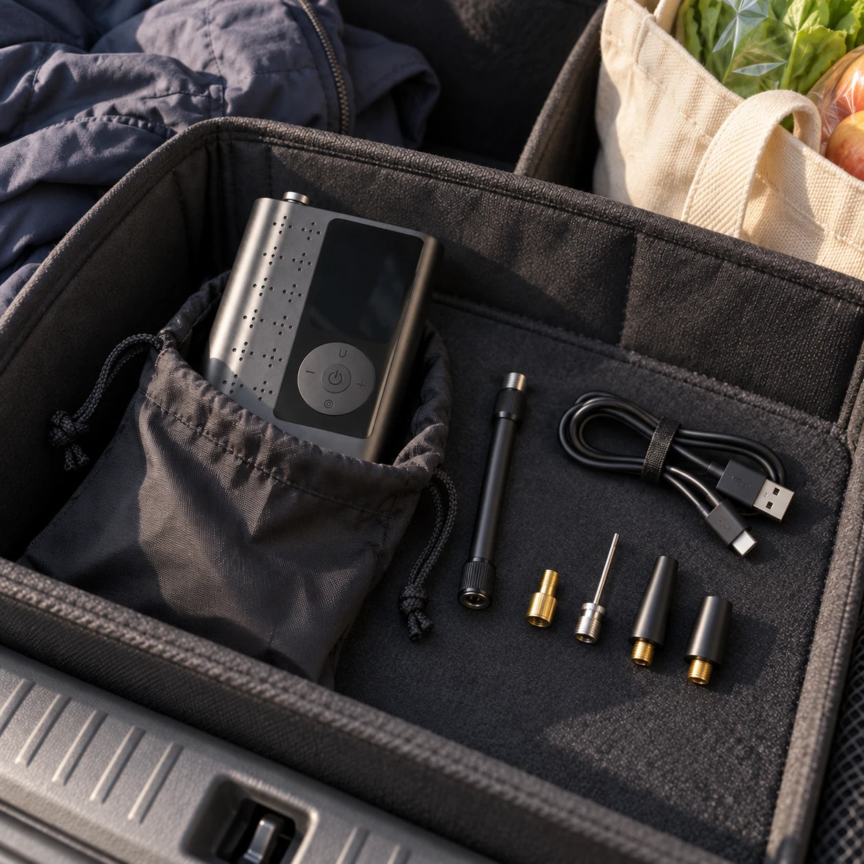 Kit AirRove avec pochette, flexible, embouts et câble dans un organiseur de coffre