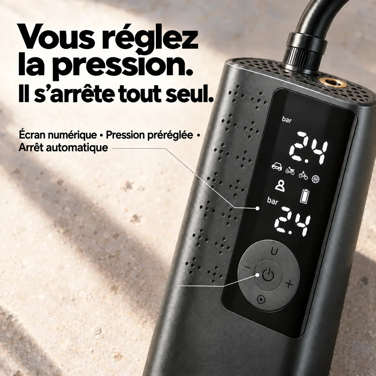 Écran AirRove avec pression actuelle et pression cible