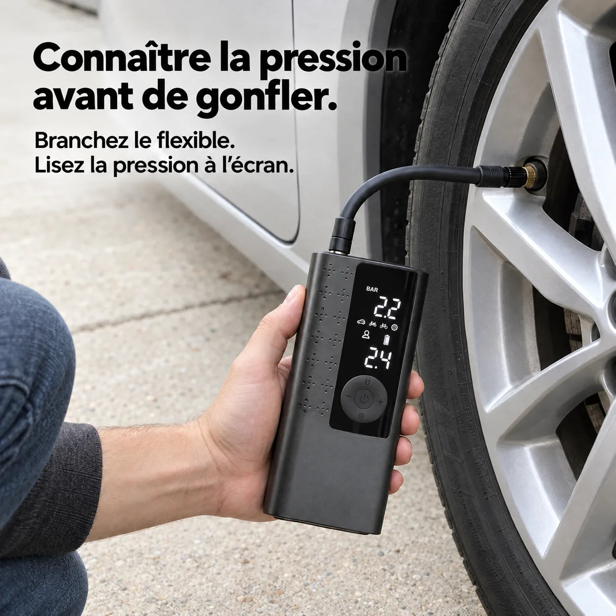 Le flexible AirRove vissé sur la valve, la pression s’affiche à l’écran