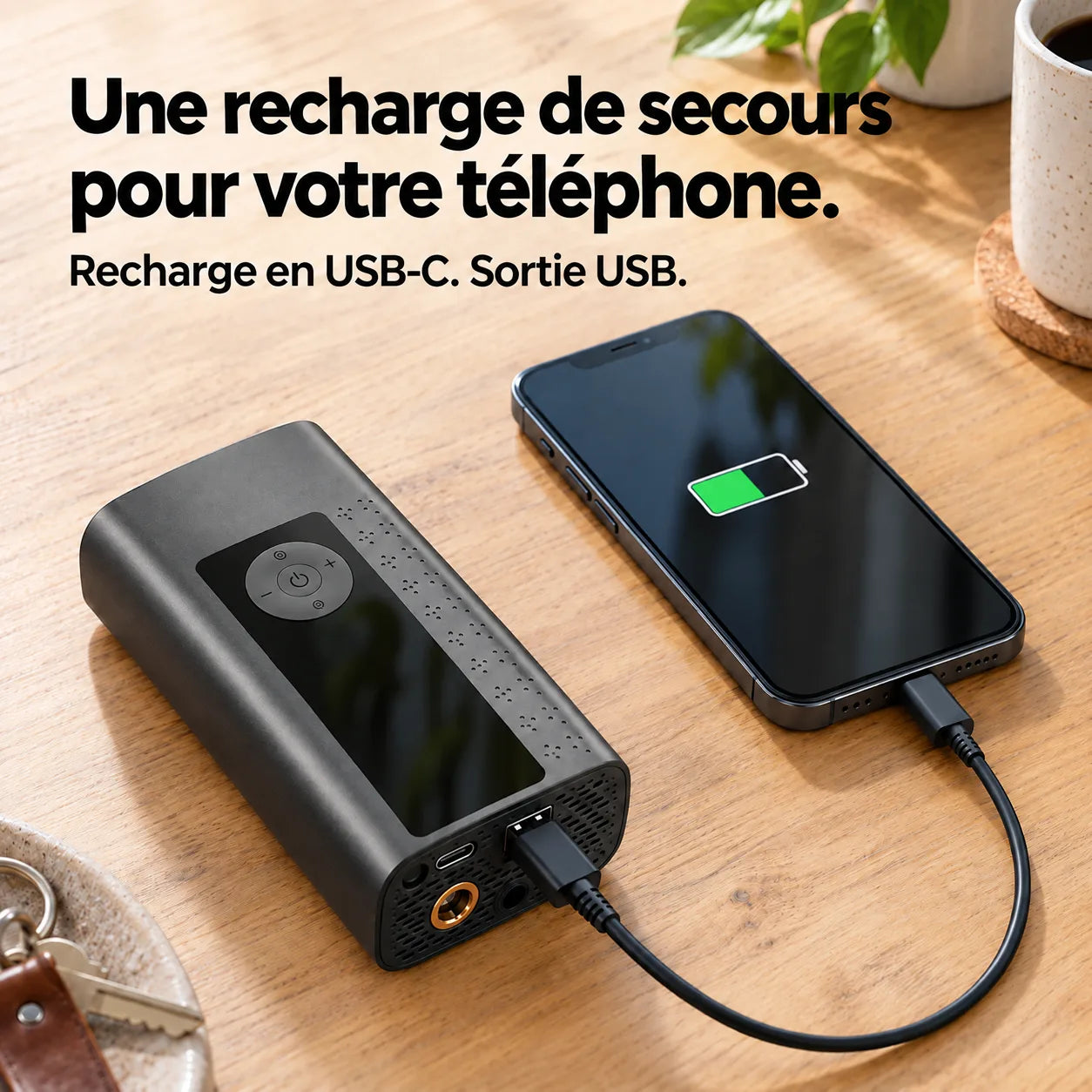 Un téléphone rechargé par la sortie USB d’AirRove