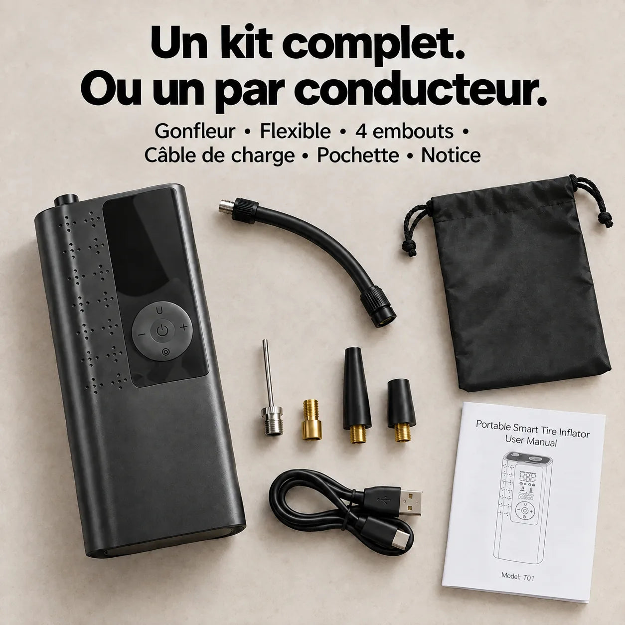 Contenu du kit : gonfleur, flexible, 4 embouts, câble, pochette et notice