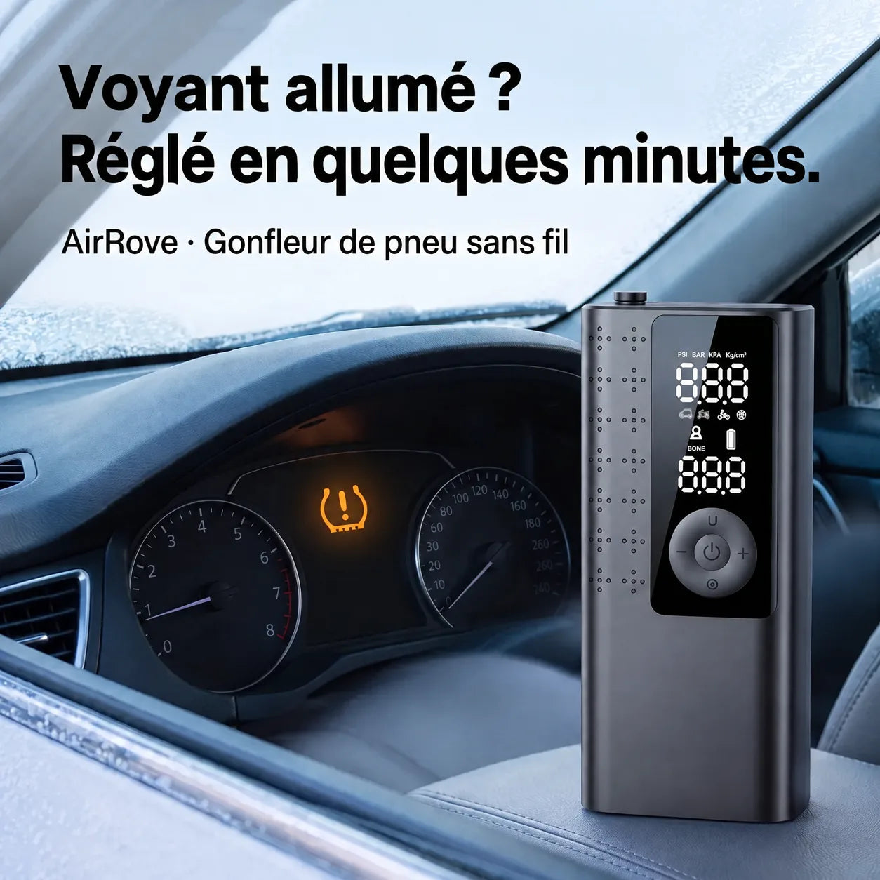 Voyant de pression des pneus allumé un matin froid, AirRove posé sur le siège