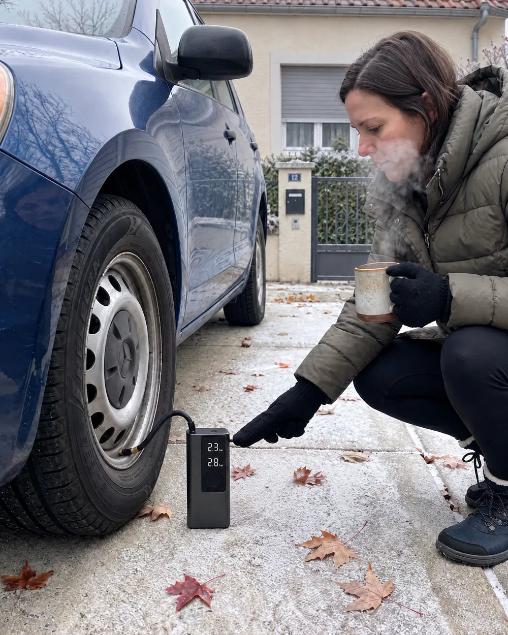 Regonflage d’un pneu avec AirRove un matin de gel devant la maison