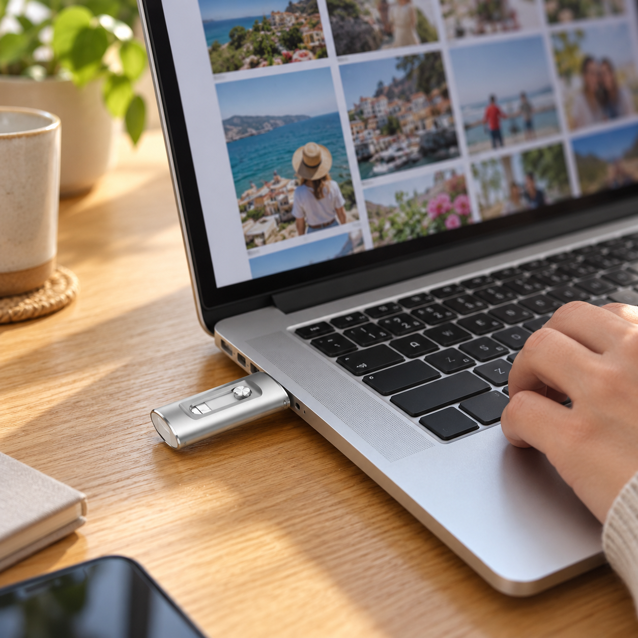 Silberner Fotostick im USB-A-Anschluss eines Laptops beim Betrachten von Urlaubsfotos.