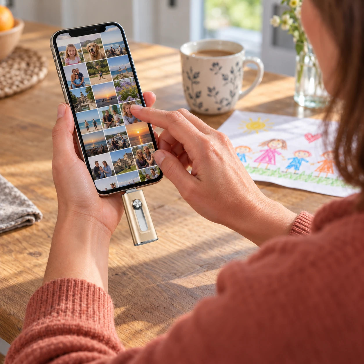 Eine Frau wählt Fotos auf ihrem Lightning-iPhone aus; der goldene Fotostick ist angeschlossen.