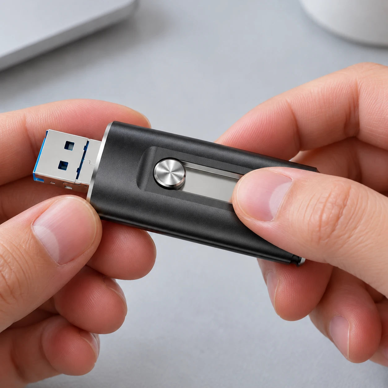 Nahaufnahme des schwarzen Fotosticks in der Hand mit rundem Schieberegler und herausgeschobenem USB-A-Stecker.