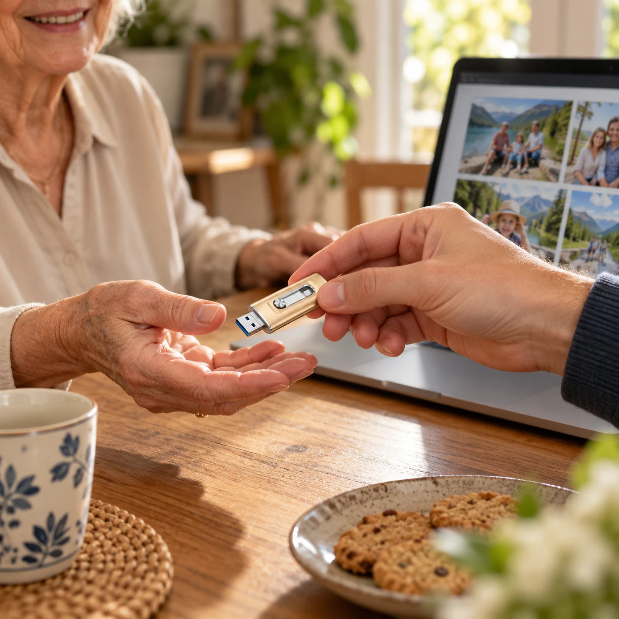 Ein goldener Fotostick mit Familienfotos wird einer älteren Frau am Laptop übergeben.