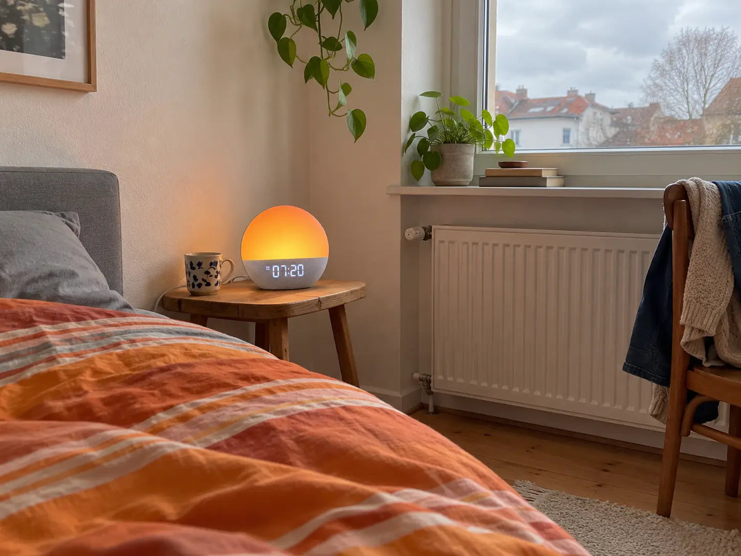 KI-generiertes Foto: Lichtwecker auf einem Hocker neben einem Bett