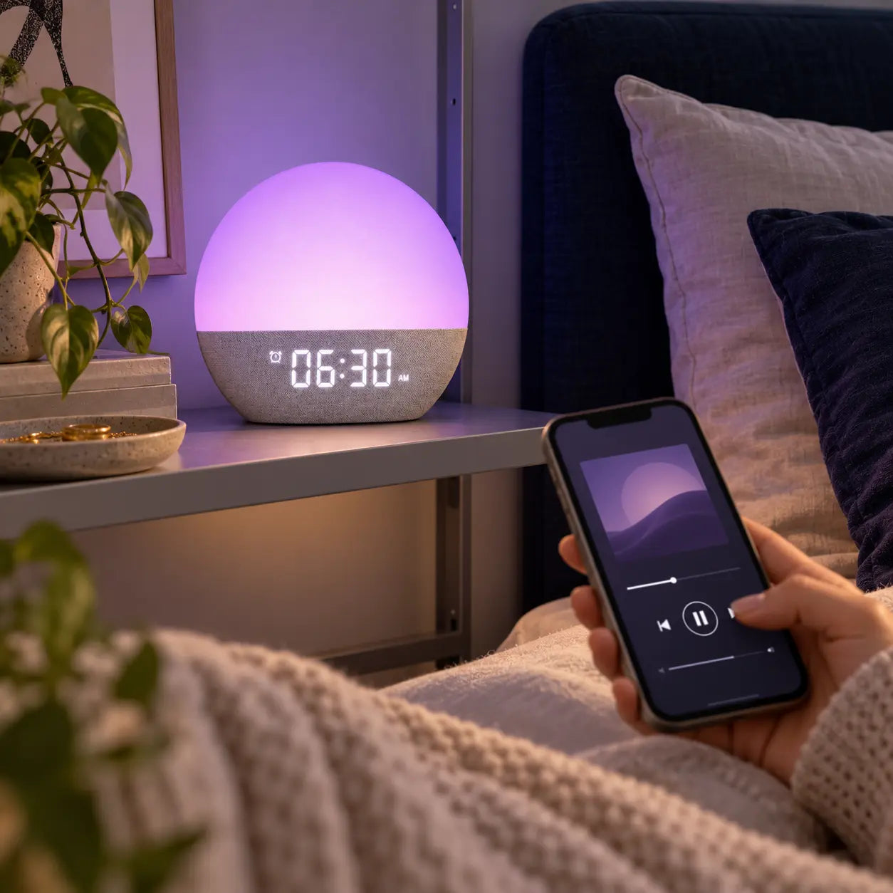 Eigene Audioinhalte vom Smartphone mit farbigem Licht am Bett